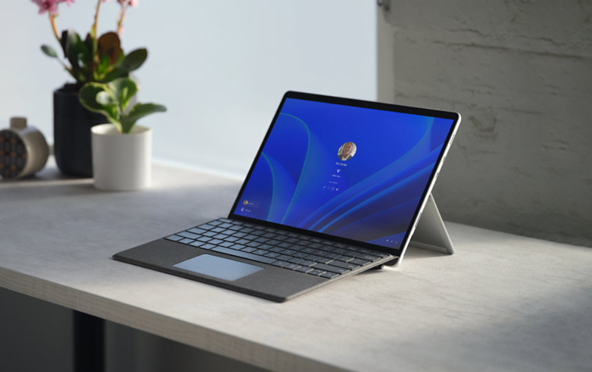 Surface Pro 8 with Graphite Keyboard on a desk.