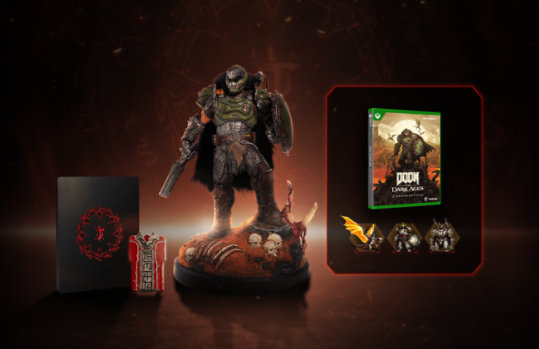 Paquete de coleccionista de DOOM: The Dark Ages, que incluye una estatua de DOOM Slayer de 12 pulgadas, una réplica de la tarjeta Red Key Card en una caja SteelBook®, un disco de juego con contenido premium y bonificaciones digitales.